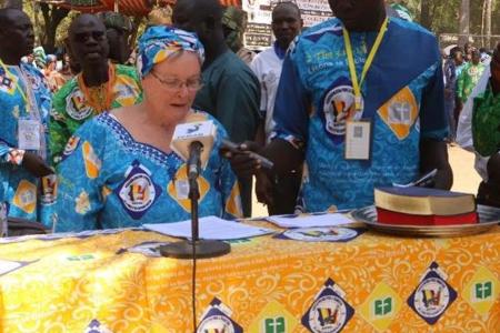 Jackie giving her speech during Bible dedication