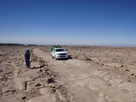 Car driving through a rough desert road in Bardai